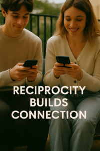Couples smile while texting, showing reciprocity and mutual connection.