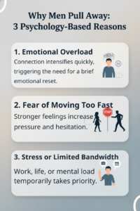 Infographic explaining three psychology-based reasons men pull away in dating: emotional overload, fear of moving too fast, and stress or limited bandwidth