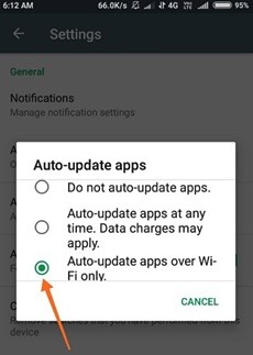 step 2- Set to update apps only when connected to WiFi- How to save mobile data on Android devices