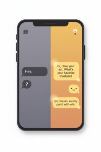 A gay man using a dating app on his smartphone in a modern U.S. apartment, with clean empty space above for headline text.