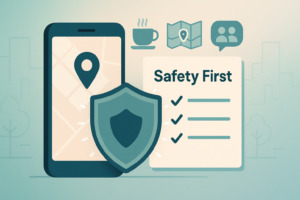 Confident man smiling while reading a message on his phone, with text overlay ‘Stay safe. Stay real.’ encouraging readers to explore safety and dating app guides.