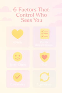 Flat-style infographic with a pink and gold color palette showing six icons — heart, checklist, smile, shield, checkmark, and refresh arrows — representing the key factors that influence who sees your profile on dating apps.