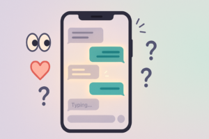 Confident man smiling while reading a message on his phone, with text overlay ‘Stay safe. Stay real.’ encouraging readers to explore safety and dating app guides.