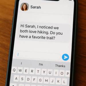 “Typing a personalized opener based on profile detail (hiking/dog).”