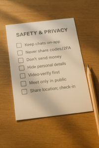 How to use Bumble safely: seven-point paper checklist with pencil on desk.