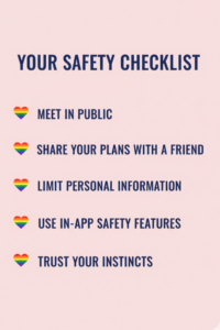 Pride Month safety checklist infographic with rainbow heart icons on a pastel pink background, listing tips like meeting in public and sharing plans with a friend.