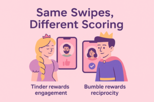 A flat-style pink digital illustration comparing Tinder and Bumble algorithms side by side. The left panel shows Tinder icons focusing on activity and engagement; the right panel highlights Bumble’s reciprocity and message-first logic. Designed in a playful, fairy-tale style with warm pink tones and a lighthearted vibe.