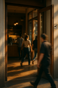 How to use Bumble safely: public cafe entrance for safe first date meeting.