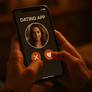 “Close-up of hands typing a dating bio on a phone with warm evening light.”’