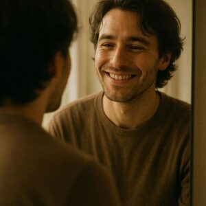 “A person smiling into a mirror symbolizing honesty and authenticity in dating profiles.”