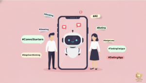 AI chatbot on a smartphone with floating heart icons and multiple hashtags about AI dating on a pink background.