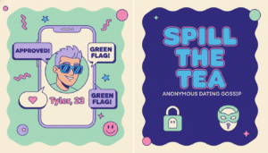 Tea App 2.0 promotional graphic illustration showing AI facial recognition features and privacy paradox in modern dating.