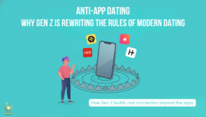 Anti-App Dating illustration showing Gen Z avoiding dating-app burnout, smartphone in trap metaphor, muted Tinder, Bumble, Hinge icons on bright background.