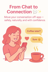 A flat-style illustration on a white background with pink and gold elements showing cheerful chat bubbles and a coffee cup, representing safe and confident transitions from dating app chats to real-life connections.