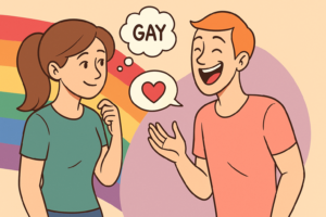 Friendly cartoon of two people talking with LGBT pride flag background — inclusive and respectful tone.