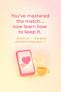 A flat pastel illustration with a smooth pink-to-yellow gradient background and white center glow, showing a pink smartphone with a heart icon, a steaming yellow coffee cup, and text reading “You’ve mastered the match... now learn how to keep it. Scroll on — the best secrets come next ✨,” inspiring readers to continue reading.