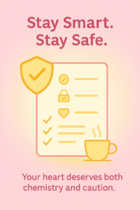 A soft pink-and-gold flat-style illustration showing a shield, heart, checklist, and coffee cup under the text “Stay Smart. Stay Safe.” and “Your heart deserves both chemistry and caution,” promoting awareness and safety in dating.