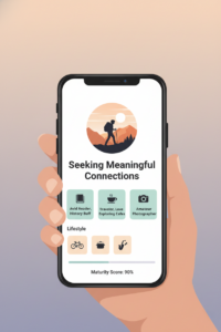 Illustration of a smartphone displaying a well-crafted dating app profile designed to attract older men, with clean layout and maturity signals, set against a minimal background.