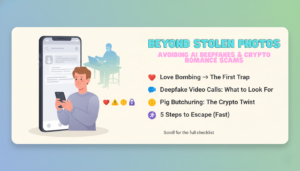 Hero infographic showing online romance scams, AI deepfakes, and crypto fraud, with key warning signs and steps to escape.