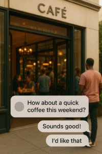“Busy café entrance with chat bubbles inviting a short coffee.”