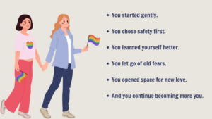 Two stylized illustrated characters walking hand-in-hand with a pride flag on a sunny path, symbolizing healing, growth, and moving forward in a safe queer journey.