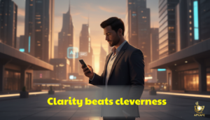 Person calmly looking at a smartphone with a subtle AI presence nearby in a futuristic city, symbolizing confidence before sending a message