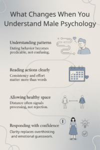 Infographic summarizing key takeaways about male psychology in dating, including patterns, actions, emotional space, and confident responses.