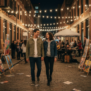 “Couple attending a free local art walk or music event — casual U.S. city vibe, safe and fun budget-friendly date.”