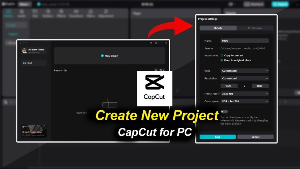 Create new project capcut for PC