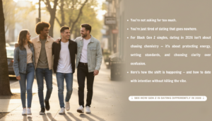 Black Gen Z friends on a casual double date, representing the shift toward intentional dating and clearer relationships in 2026