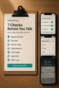 “Flat-lay of a safety checklist on a clipboard with three generic phone screens for privacy and safety settings.”