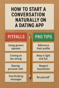 “Flat-lay of pitfalls vs pro tips for natural dating app chats.”