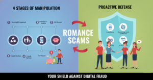 Infographic of romance scams showing the 4 stages of manipulation—scouting, grooming, soft request, and crisis—paired with proactive defense strategies like the no-money rule and reverse image search.