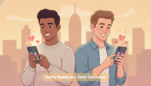 Two gay men texting on dating apps with warm optimistic tones, representing healthy boundaries and better connections