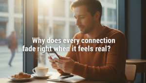 Editorial-style image of a gay man looking at his phone with soft lighting, displaying overlay text that says “Why does every connection fade right when it feels real?”, prompting readers to scroll for the answer.