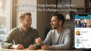 Warm lifestyle image of two gay men talking at a café with soft natural light, featuring overlay text: “The ONE thing long-lasting gay couples all do — and why it changes everything,” designed to spark curiosity and continued reading.