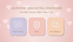 Infographic showing three pillars of Valentine dating strategies in 2026: clear communication, safety, and friend influence