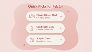 Pink Valentine infographic with three quick picks: classic dinner, candlelight cozy, and stay-in date.