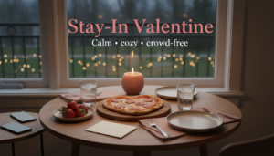 Cozy stay-in Valentine dinner with a heart-shaped pizza and candlelight on a small table, emphasizing a calm home date.
