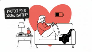 Introvert recharging in silence before a date, with a social battery icon.