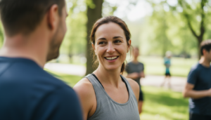 Smiling runner chatting casually with another runner after a social run in a park, friendly run club atmosphere