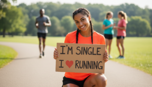 Runner holding a handmade sign reading “I’m single, I enjoy running” at a casual outdoor run club, background runners softly blurred