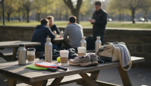 After-sports hangout near a park with coffee cups and sports gear on a table