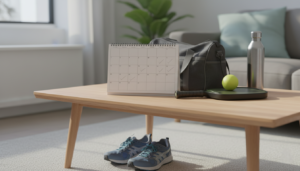 Sports gear and a simple planner on a table, representing a consistent 14–30 day routine for meeting singles through sports