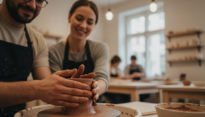 Two people bonding through a shared hands-on activity at a calm workshop, a Soft Partying Dating icebreaker
