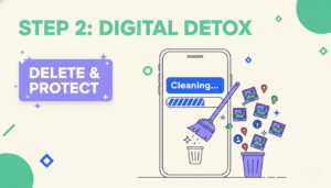 Step 2 digital detox illustration showing data cleaning and privacy protection on a smartphone.