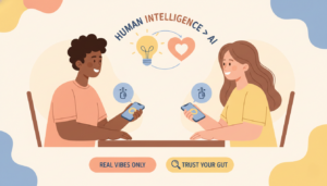 "Illustration of a couple on a date with phones face down, captioned 'Human Intelligence > AI', representing safe dating through observation and genuine connection rather than algorithms.
