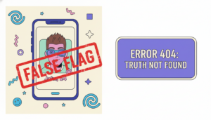 Dating app profile with False Flag stamp illustration showing AI algorithm errors.