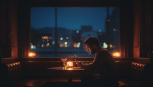 Person sitting alone at a dim San Francisco bar, phone on the table, late-night mood.