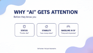 Infographic explaining why AI jobs signal status and stability in San Francisco dating.
